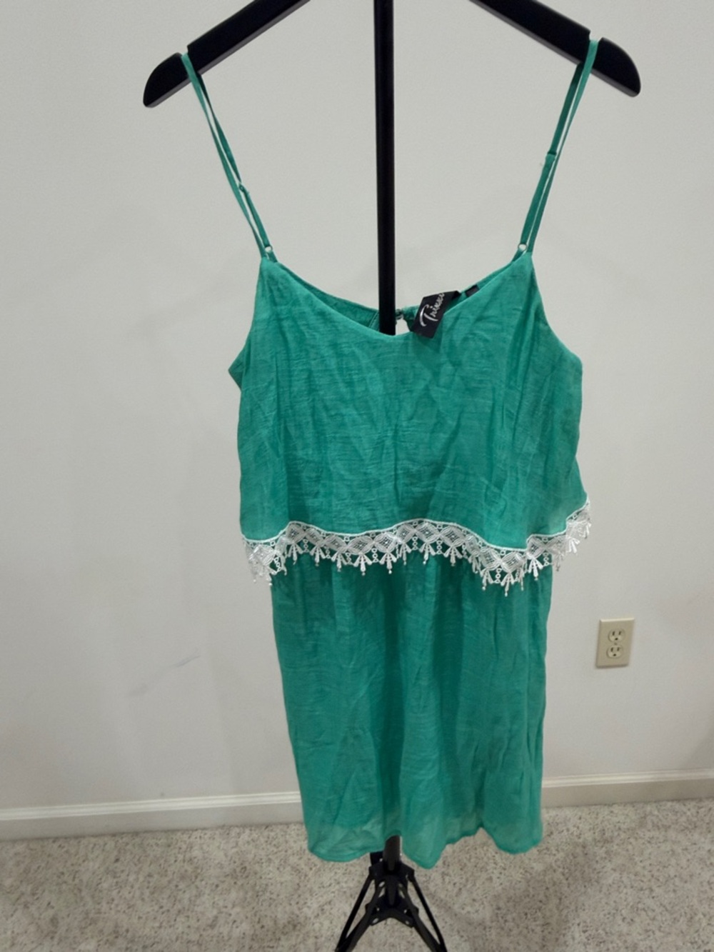 Trixxi Teal Green Spaghetti Strap Dress with Lace Trim